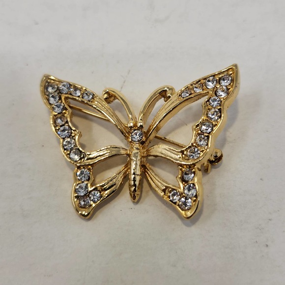 Unbranded Jewelry - Butterfly Brooch Gold Tone Clear Rhinestone Open Work Insect Jewelry Figural Bug